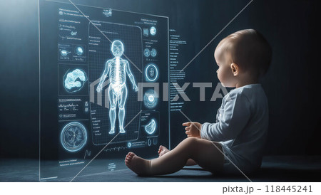 A baby sits next to a holographic X-ray screen display. The concept focuses an advanced medical care for infants. Generative AI. 118445241