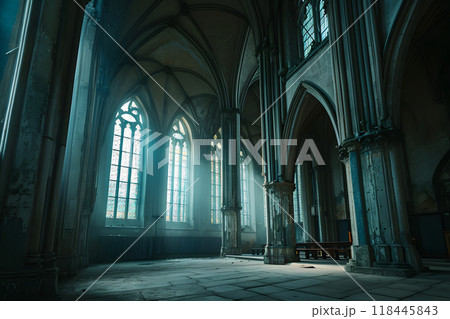 Dark gothic abandoned ancient chapel hall interior with tall windows and columns, foggy and empty. 118445843