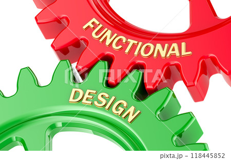 Functional Design concept with colored gearwheels. 3D rendering 118445852
