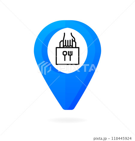 Take Away Food icon. Map point. Hand and paper bag sign. Takeaway service. Vector illustration. Take Away Food icon. Map point. Hand and paper bag sign. Takeaway service. Vector illustration. 118445924