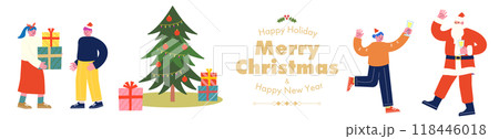 新年とクリスマスを祝うパーティーを一緒に楽しむ陽気な友人達とサンタクロース。クリスマスツリーの側でプ 新年とクリスマスを祝うパーティーを一緒に楽しむ陽気な友人達とサンタクロース。クリスマスツリーの側でプ 118446018