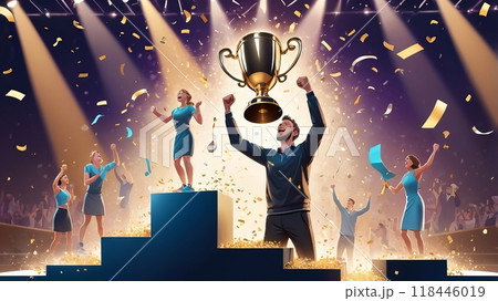composite image of happy businessman holding trophy composite image of happy businessman holding trophy 118446019