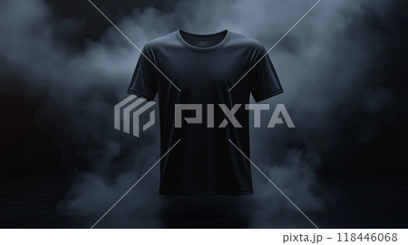 This is a minimalist black Tshirt mockup displayed on a dark smoky background  118446068