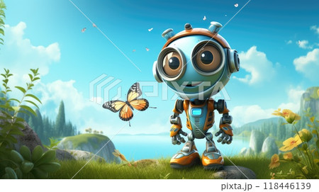 cute amazed robot sees a butterfly in nature 118446139