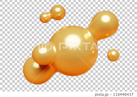Golden abstract liquid metaball shape. 3d render illustration of fluid soft bubble blob. Organic gold decorative sphere geometric form. Morphing ball aqua drop or molecule. Flow particles. Golden abstract liquid metaball shape. 3d render illustration of fluid soft bubble blob. Organic gold decorative sphere geometric form. Morphing ball aqua drop or molecule. Flow particles. 118446437