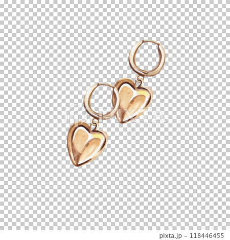 Golden earrings with heart-shaped pendant in watercolor. Isolated illustration of jewelry for design of catalogs, advertising campaigns, fashion magazines, social networks, creating patterns, 118446455