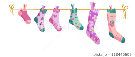 Clothesline socks. Socks on a rope, Baby socks with patterns vector cartoon. 118446605