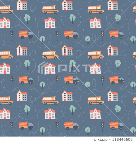 Kids seamless pattern with car, bus and road. Perfect for fabric , digital paper, cards. 118446609
