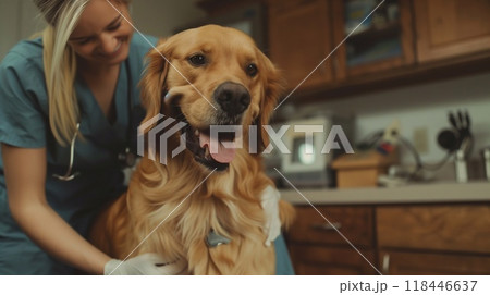 A veterinarian treats a golden retriever in a clinic, ensuring the dogs comfort and wellbeing during a medical examination 118446637