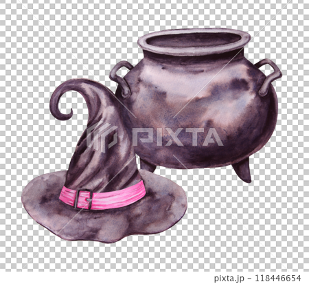 Black cast iron cauldron for brewing potions and witch hat. Esoteric attribute of sorcerer, gypsy, fortune teller, psychic. Clipart for Halloween, Sabbath party. Watercolor hand-drawn illustration 118446654