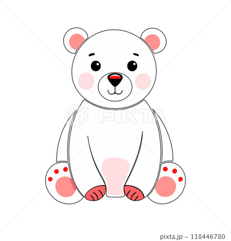 An adorable cartoon polar bear with blush cheeks and a friendly expression. Ideal for childrens vector illustrations, educational materials, or festive winter-themed desig 118446780