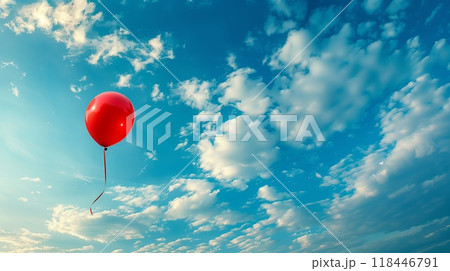 Red balloon on blue sky with clouds. copy space 118446791