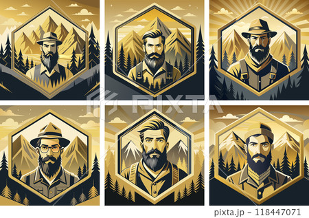 A set of illustrations with a hipster in the mountains 118447071