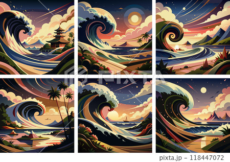 Set of colored stylish vector images of Japanese themes in flat style 118447072