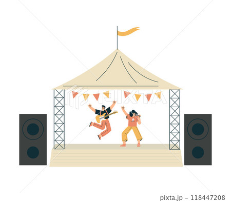 Musician on Stage at Summer Open-air Musical Festival Vector Illustration 118447208