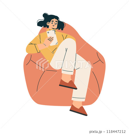 Woman at Musical Festival Sit on Chair with Smartphone Have Rest Vector Illustration 118447212