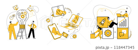 Cooperative work vector illustration. Success blooms in environment where communication and assistance flourish Cooperating professionals unlock doors to innovation and strategic collaboration 118447345