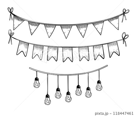 Autumn garlands vector set with pennant and light bulbs on isolated background. Linear black Illustration of hanging and bunting for festival or greeting cards design. Drawing for party design. 118447461
