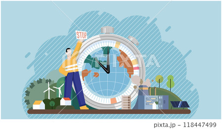 Climate change. Save the planet. Vector illustration Earth pollution highlights need for responsible waste management and consumption Choose renewable resources to contribute to cleaner planet 118447499