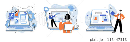 Online video meeting. Vector illustration. The online video meeting metaphor represents digital workspace for remote teams The web serves as gateway to online video meetings and digital interactions Online video meeting. Vector illustration. The online video meeting metaphor represents digital workspace for remote teams The web serves as gateway to online video meetings and digital interactions 118447518