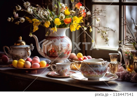 Easter still life with cup of tea, teapot and flowers 118447541