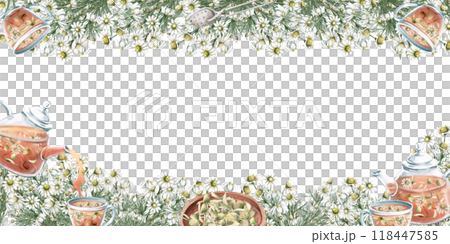Rectangular frame with chamomile and glass tea set. Isolated watercolor illustration for cafe design, menu, tea shops, beauty salons and spas 118447585