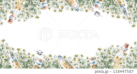 Rectangular frame with chamomile and cosmetics. Isolated watercolor illustration for design of business cards of cosmetic salons, labels, packages Rectangular frame with chamomile and cosmetics. Isolated watercolor illustration for design of business cards of cosmetic salons, labels, packages 118447587