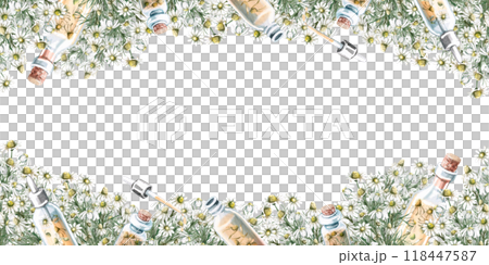 Rectangular frame with chamomile and cosmetics. Isolated watercolor illustration for design of business cards of cosmetic salons, labels, packages Rectangular frame with chamomile and cosmetics. Isolated watercolor illustration for design of business cards of cosmetic salons, labels, packages 118447587