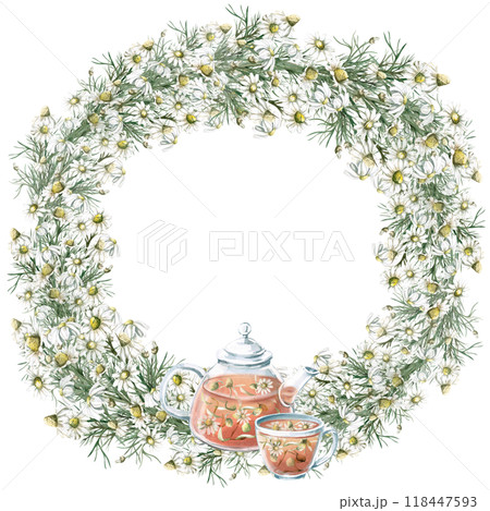 Teapot with a cup of tea surrounded by a wreath. Isolated watercolor illustration for the design of herbal infusions, teas, cafe and restaurant menus 118447593