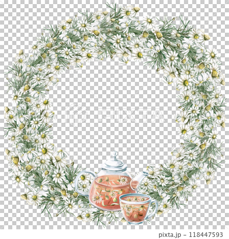 Teapot with a cup of tea surrounded by a wreath. Isolated watercolor illustration for the design of herbal infusions, teas, cafe and restaurant menus 118447593