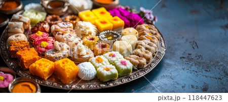 Indian sweets and savory snacks arranged for festive occasions of Dussehra and Diwali. Wide banner Indian sweets and savory snacks arranged for festive occasions of Dussehra and Diwali. Wide banner 118447623