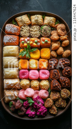 Beautifully arranged traditional Indian sweets for Dussehra and Diwali. Vertical banner, top view Beautifully arranged traditional Indian sweets for Dussehra and Diwali. Vertical banner, top view 118447624