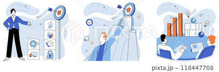 Strategic planning. Vector illustration. Overcoming difficulties during planning process strengthens strategy Generating novel ideas fuels strategic goal attainment Setting ambitious targets 118447708