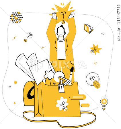Innovative ideas vector illustration. Brainstorming and knowledge are dynamic winds steering ship solutions The tapestry achievement is woven from threads innovative ideas Discovery transforms 118447736