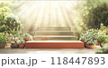 A soft stone staircase podium basking in warm sunlight, suitable for spiritual or peaceful-themed content 118447893