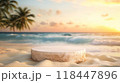 A stone podium on a tropical beach with soft sand and calm waves, suitable for relaxing or beach-related themes 118447896