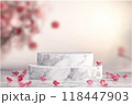 A marble staircase podium with pink rose petals scattered across the surface, great for luxury or fashion-related content 118447903
