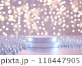 A sleek circular podium surrounded by shimmering silver beads and soft glowing lights, ideal for luxury or festive-themed content 118447905
