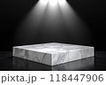 A white marble podium in a dark room with three spotlights above, great for luxury or fashion-related presentations 118447906