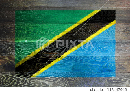 Tanzania flag on rustic old wood surface background 118447946