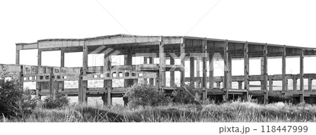 old USSR factory exterior, industry building is in a state of disrepair 118447999