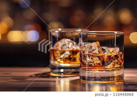 Whiskey with ice on the table 118448068