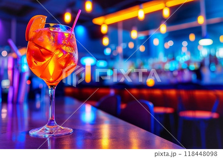Alcohol cocktail drink on bar in night club with lighting. 118448098