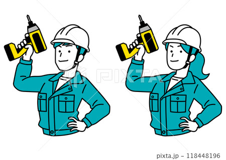インパクトドライバーを構える作業員の男女　セット 118448196