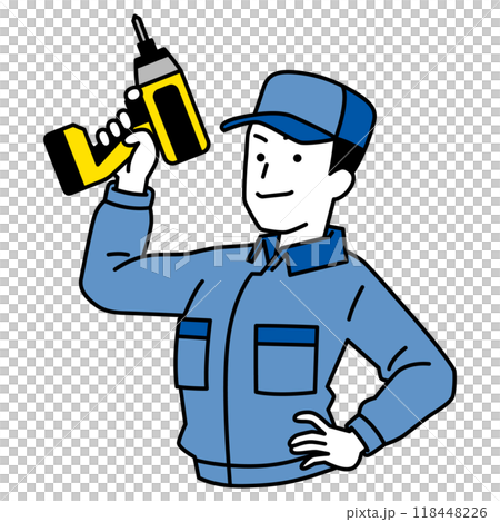 インパクトドライバーを構えるつなぎ作業服の男性 インパクトドライバーを構えるつなぎ作業服の男性 118448226