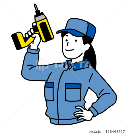 インパクトドライバーを構えるつなぎ作業服の女性 118448227