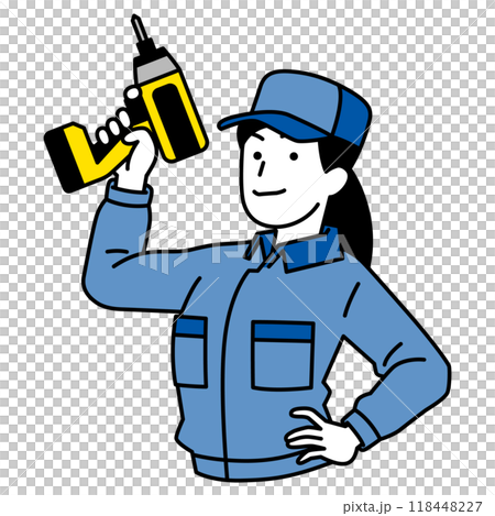 インパクトドライバーを構えるつなぎ作業服の女性 118448227