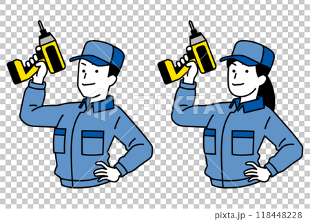 Set of men and women in overalls holding impact drivers 118448228