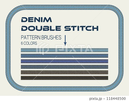 Set of pattern brushes with denim fabric, double topstitching. Rectangular denim frame. Design element in vintage style. Set of pattern brushes with denim fabric, double topstitching. Rectangular denim frame. Design element in vintage style. 118448500