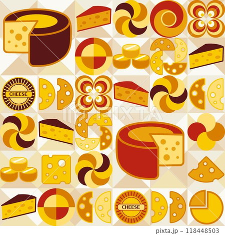 Seamless pattern with icons of Cheese, design elements, abstract shapes in flat simple geometric style. White background. For branding, decoration of food package, cover design, textile kitchen prints Seamless pattern with icons of Cheese, design elements, abstract shapes in flat simple geometric style. White background. For branding, decoration of food package, cover design, textile kitchen prints 118448503